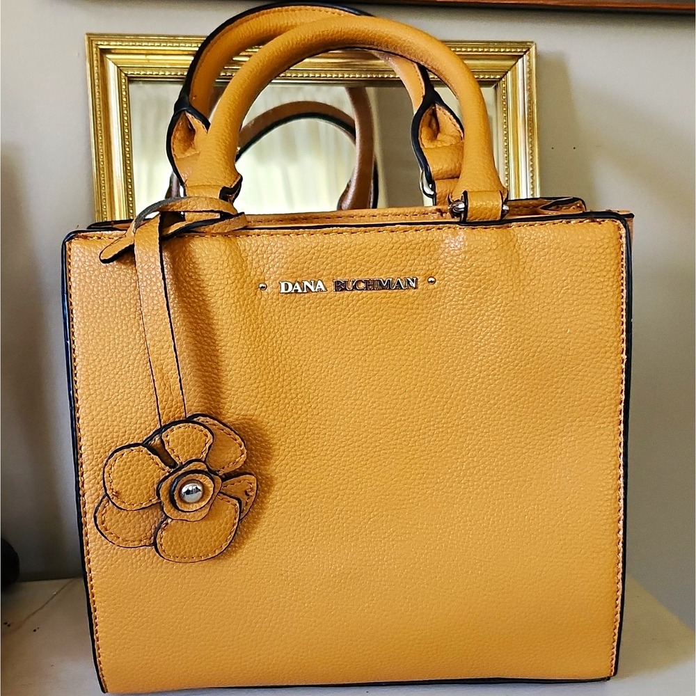Dana Buchman Yellow Pebbled Faux Leather Satchel Bag with Flower Charm